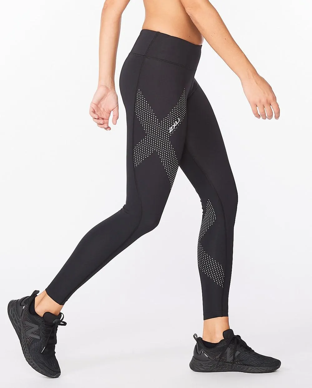 2XU Motion Mid Rise Women's Compression Tights (Black/Dotted Reflective Logo)