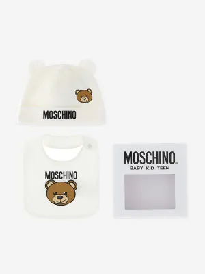Baby Bear Logo Hat and Bib Set in Ivory