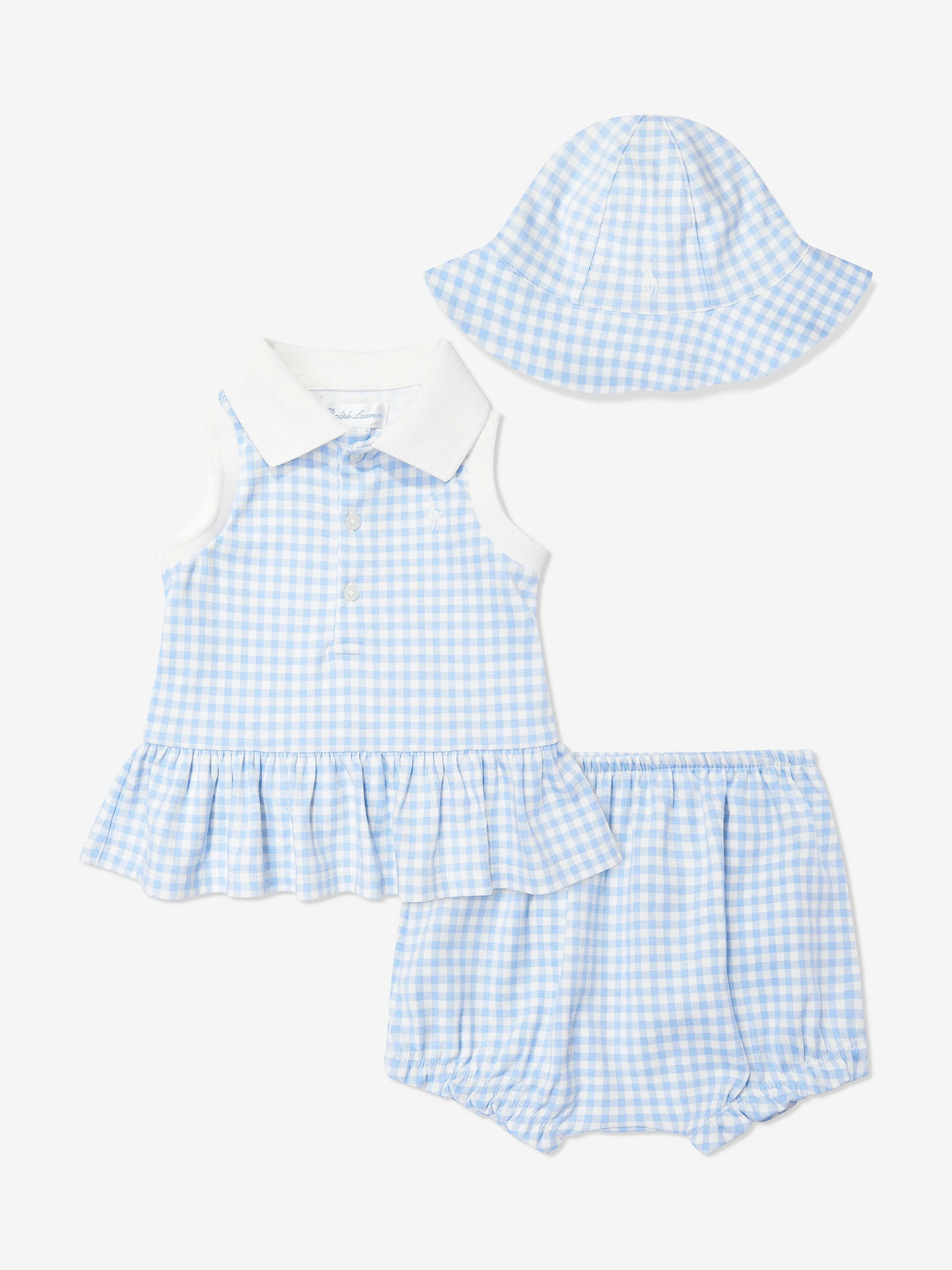 Baby Girls Gingham Short Set with Sun Hat in Blue