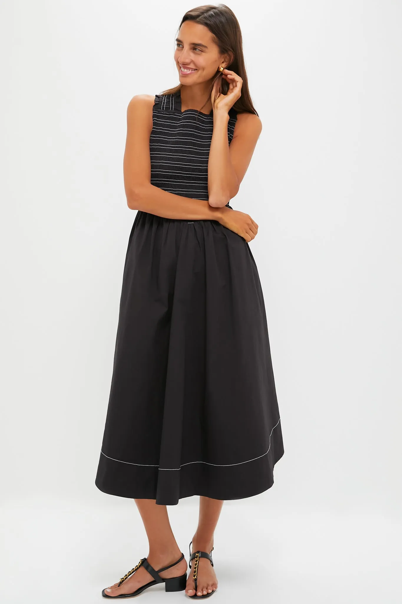 Black Washed Stretch Cotton Smock Midi Dress