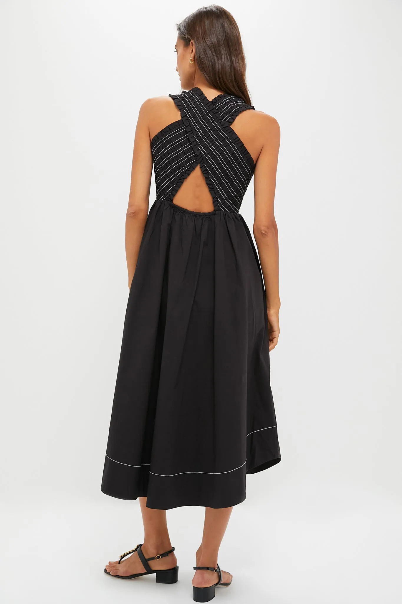 Black Washed Stretch Cotton Smock Midi Dress