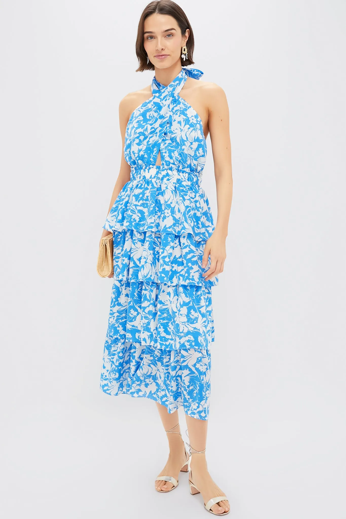 Blue and White Floral Halter Neck Jenny Midi Dress