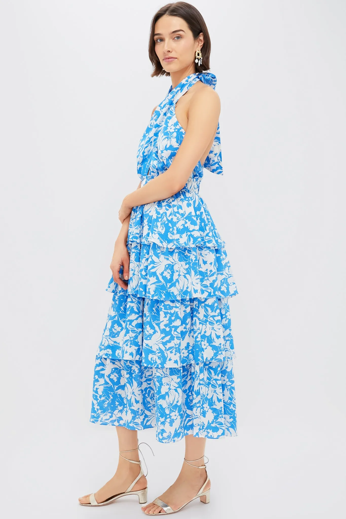 Blue and White Floral Halter Neck Jenny Midi Dress