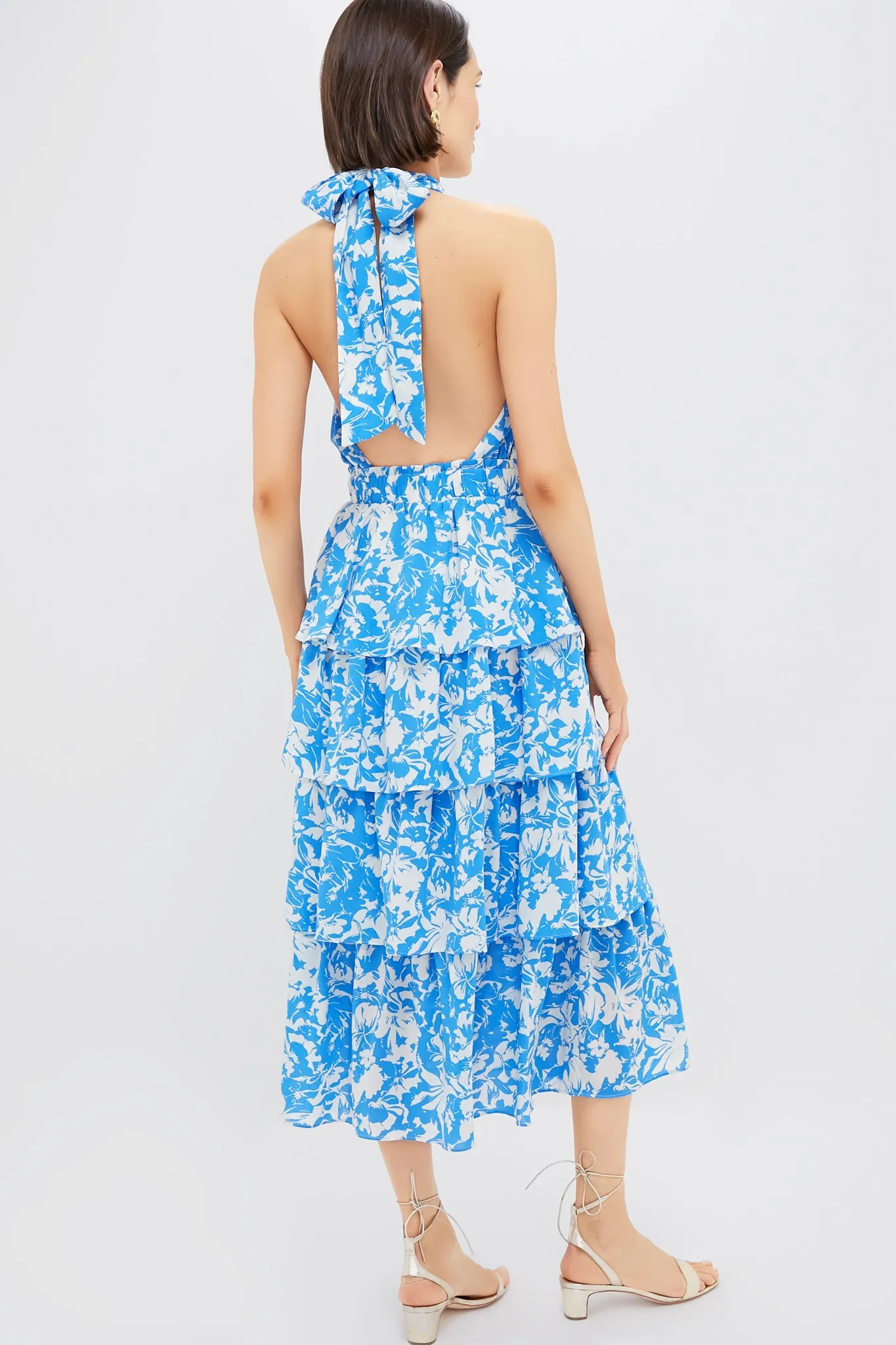 Blue and White Floral Halter Neck Jenny Midi Dress