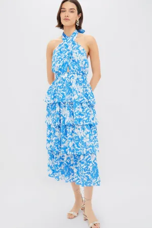 Blue and White Floral Halter Neck Jenny Midi Dress