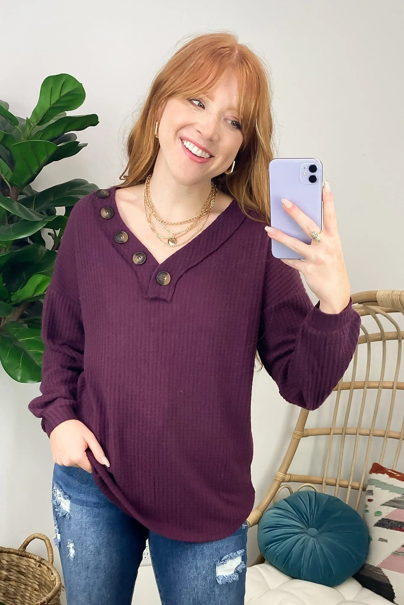 Derita Waffle Knit V-Neck Button Top - BACK IN STOCK