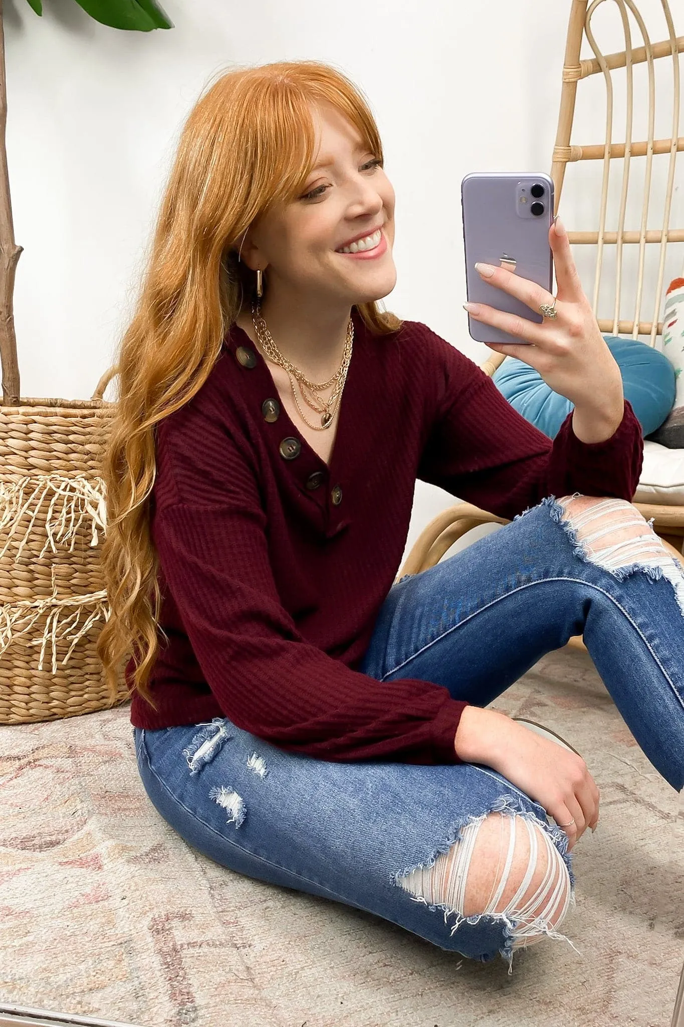 Derita Waffle Knit V-Neck Button Top - BACK IN STOCK