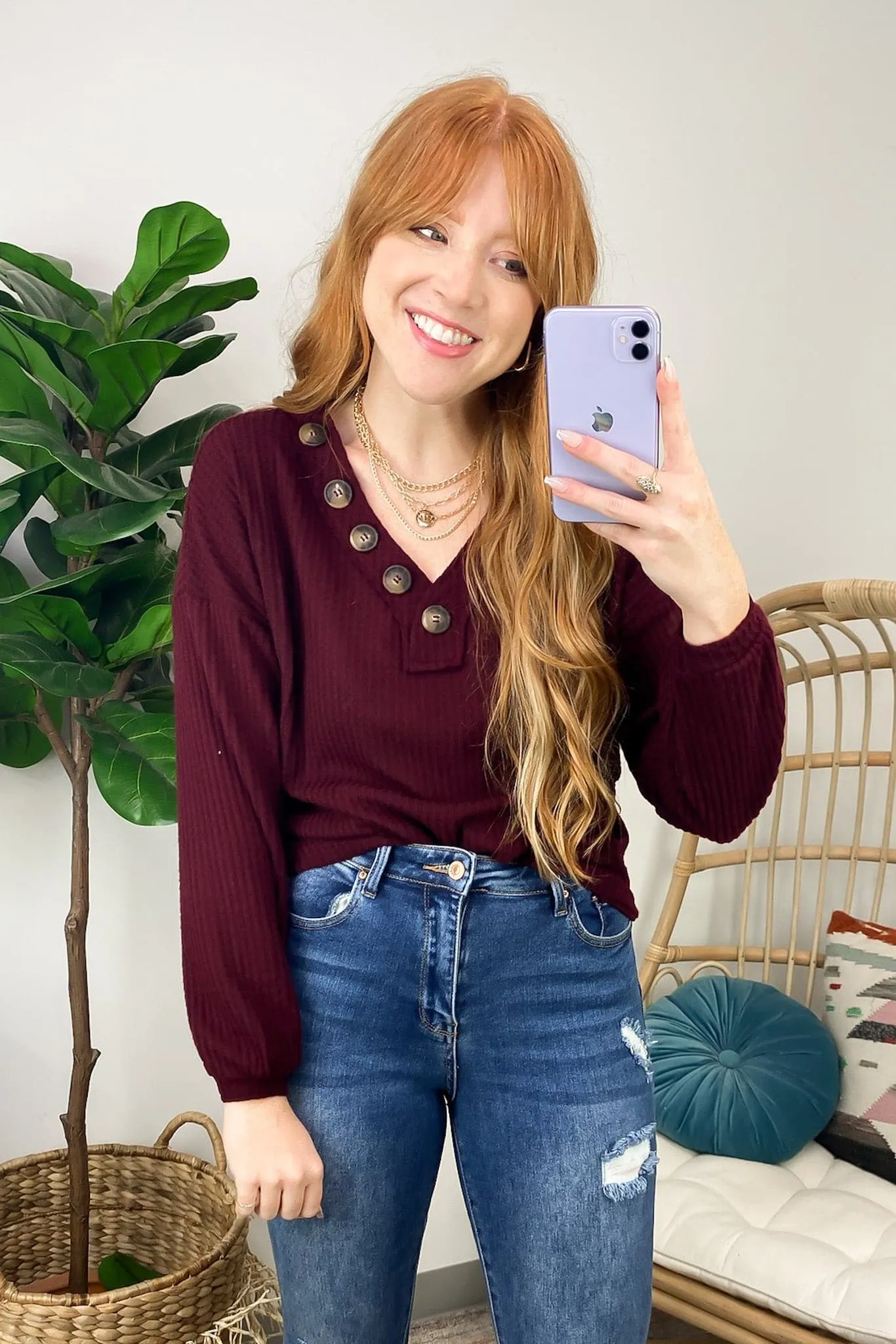 Derita Waffle Knit V-Neck Button Top - BACK IN STOCK