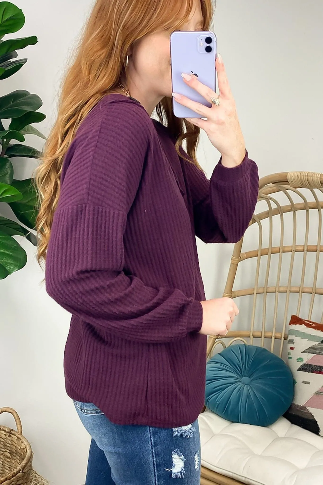 Derita Waffle Knit V-Neck Button Top - BACK IN STOCK