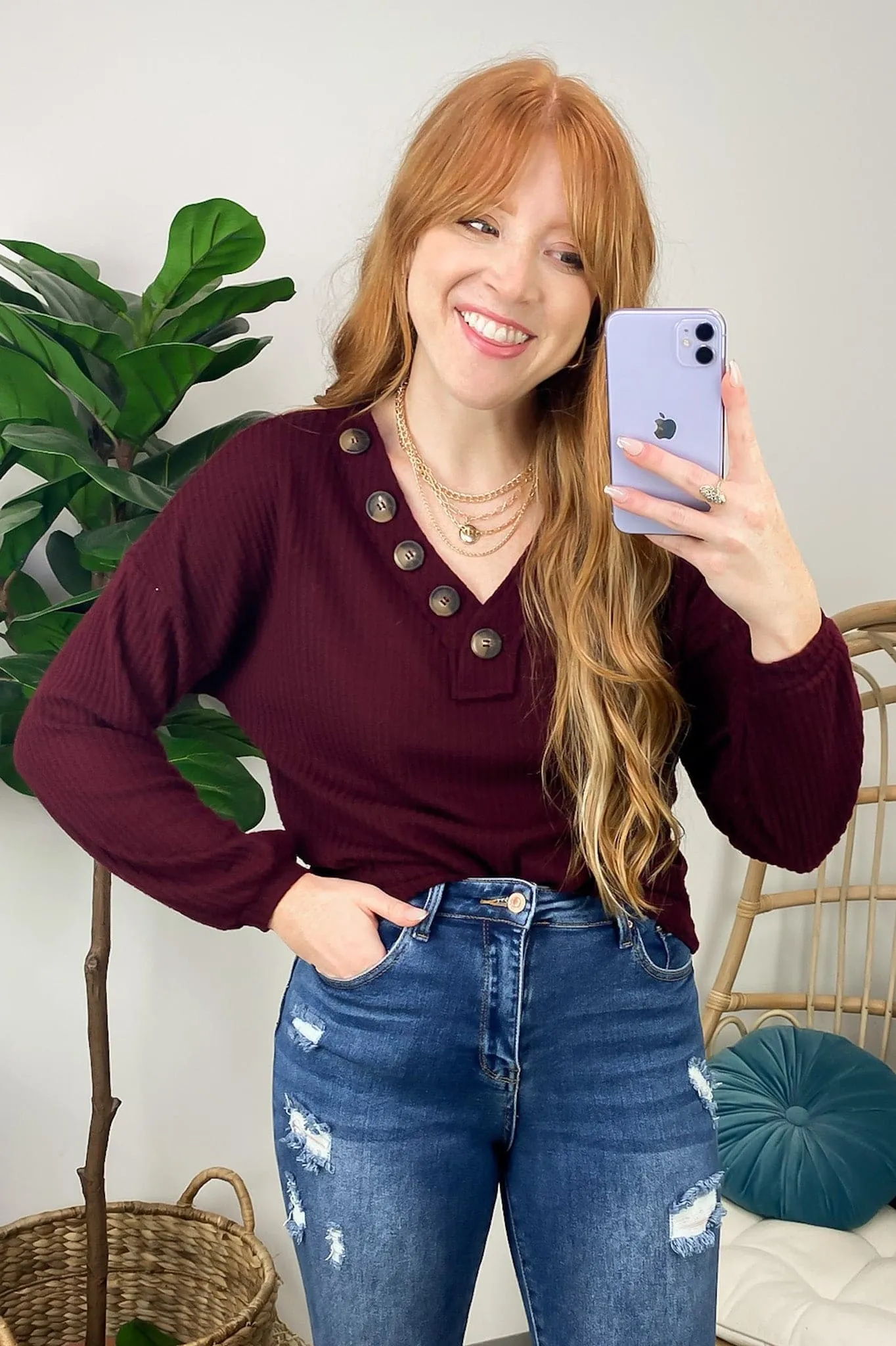 Derita Waffle Knit V-Neck Button Top - BACK IN STOCK