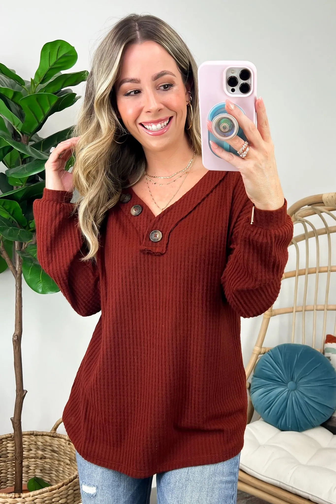 Derita Waffle Knit V-Neck Button Top - BACK IN STOCK