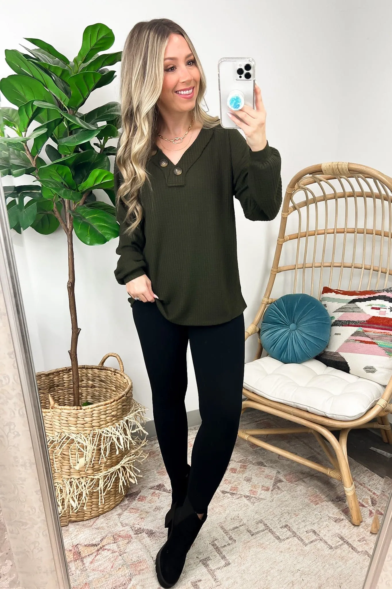Derita Waffle Knit V-Neck Button Top - BACK IN STOCK