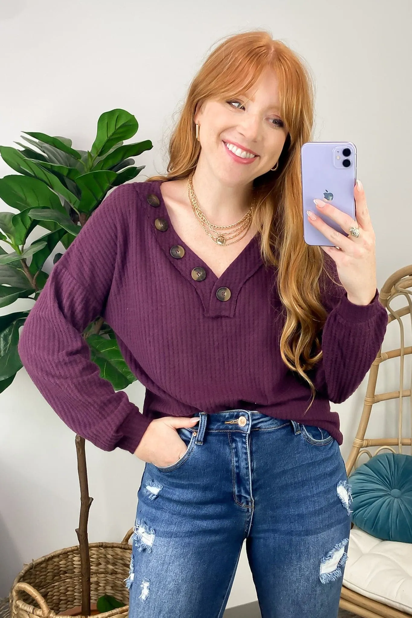 Derita Waffle Knit V-Neck Button Top - BACK IN STOCK