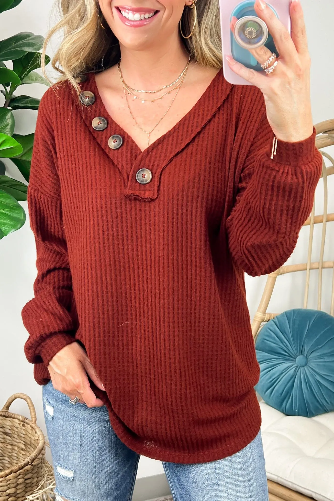 Derita Waffle Knit V-Neck Button Top - BACK IN STOCK