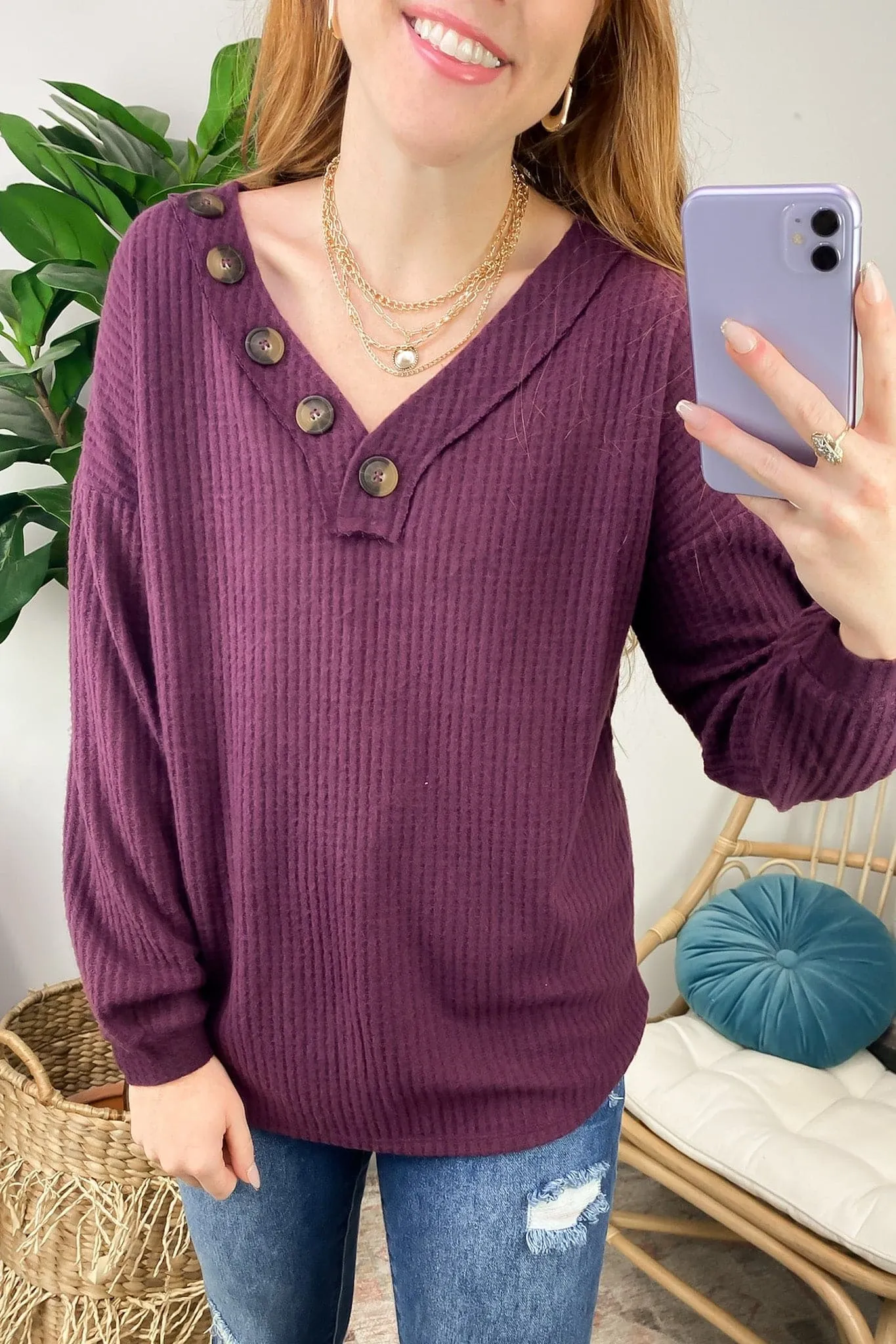 Derita Waffle Knit V-Neck Button Top - BACK IN STOCK