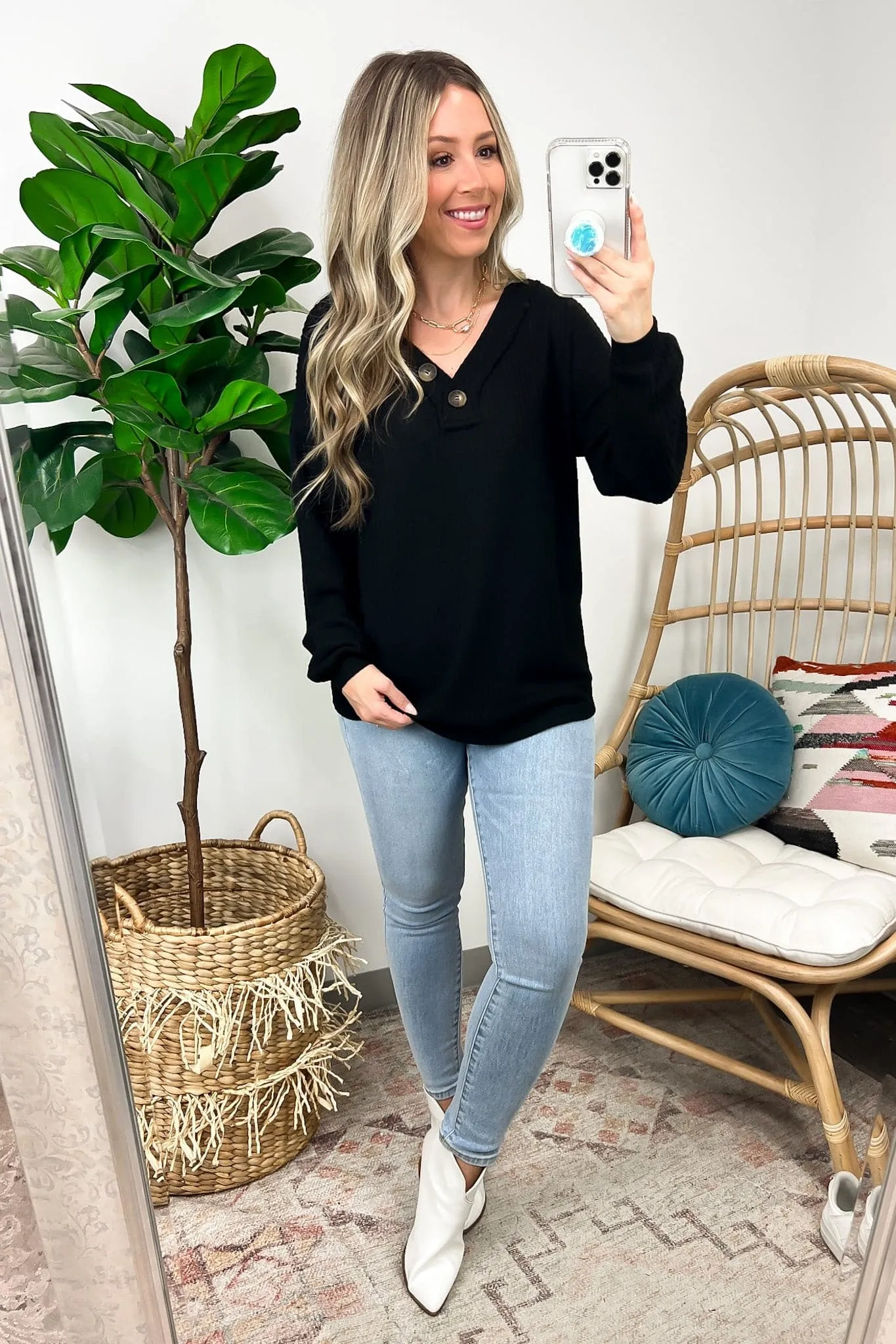 Derita Waffle Knit V-Neck Button Top - BACK IN STOCK