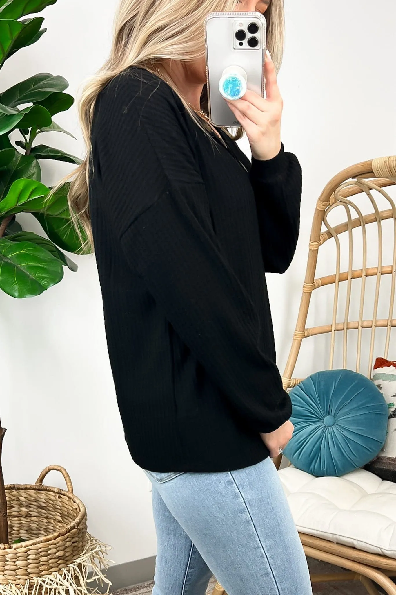 Derita Waffle Knit V-Neck Button Top - BACK IN STOCK