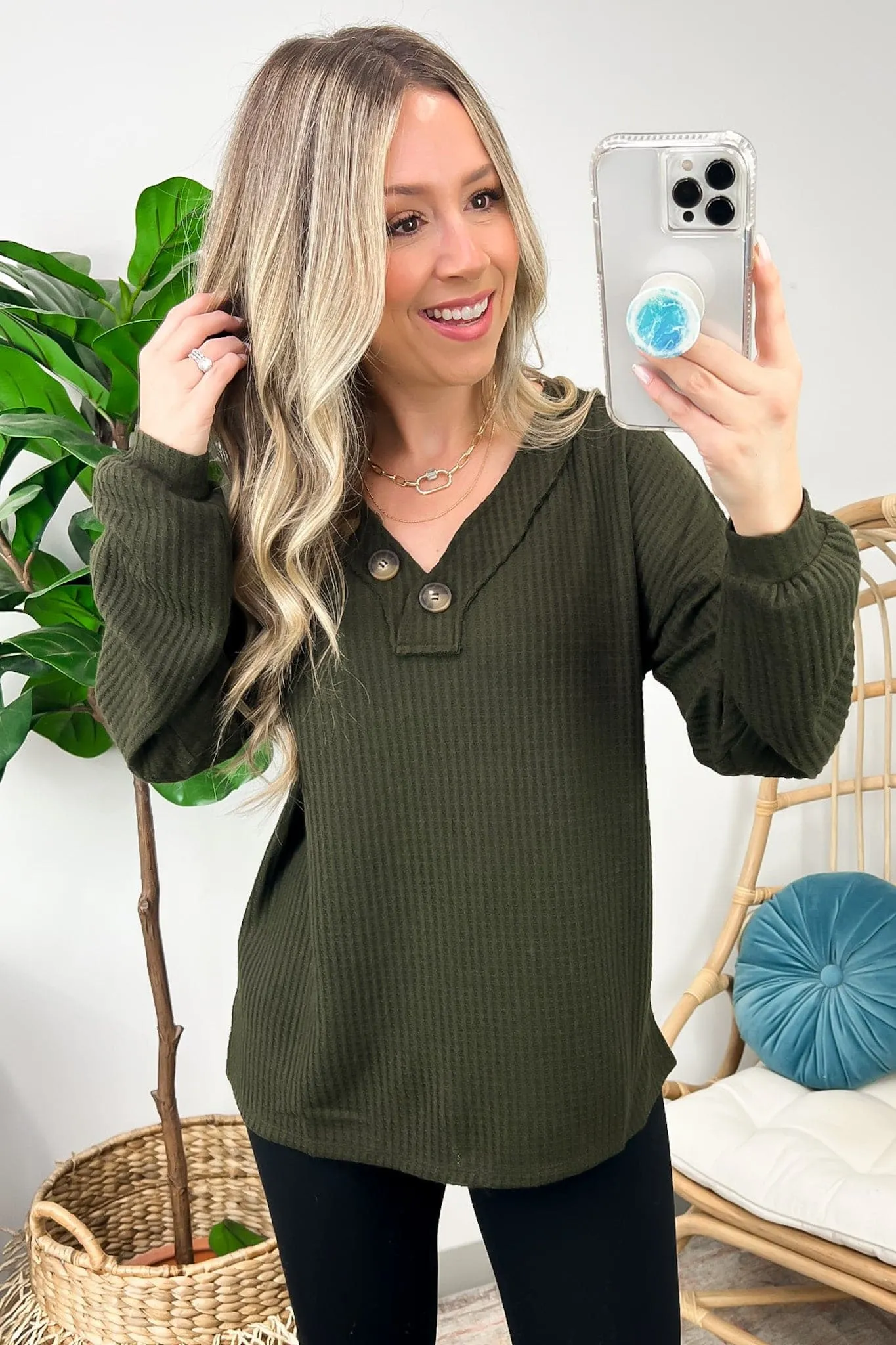 Derita Waffle Knit V-Neck Button Top - BACK IN STOCK
