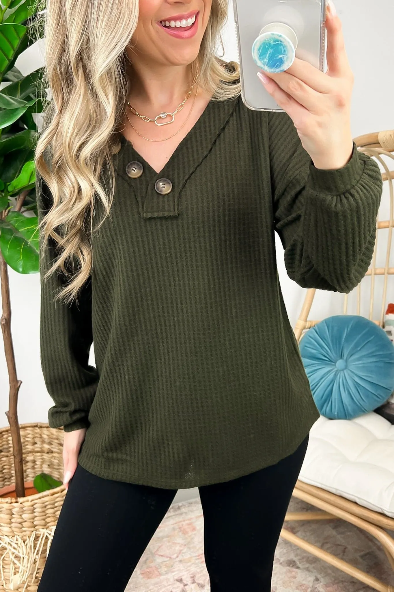 Derita Waffle Knit V-Neck Button Top - BACK IN STOCK
