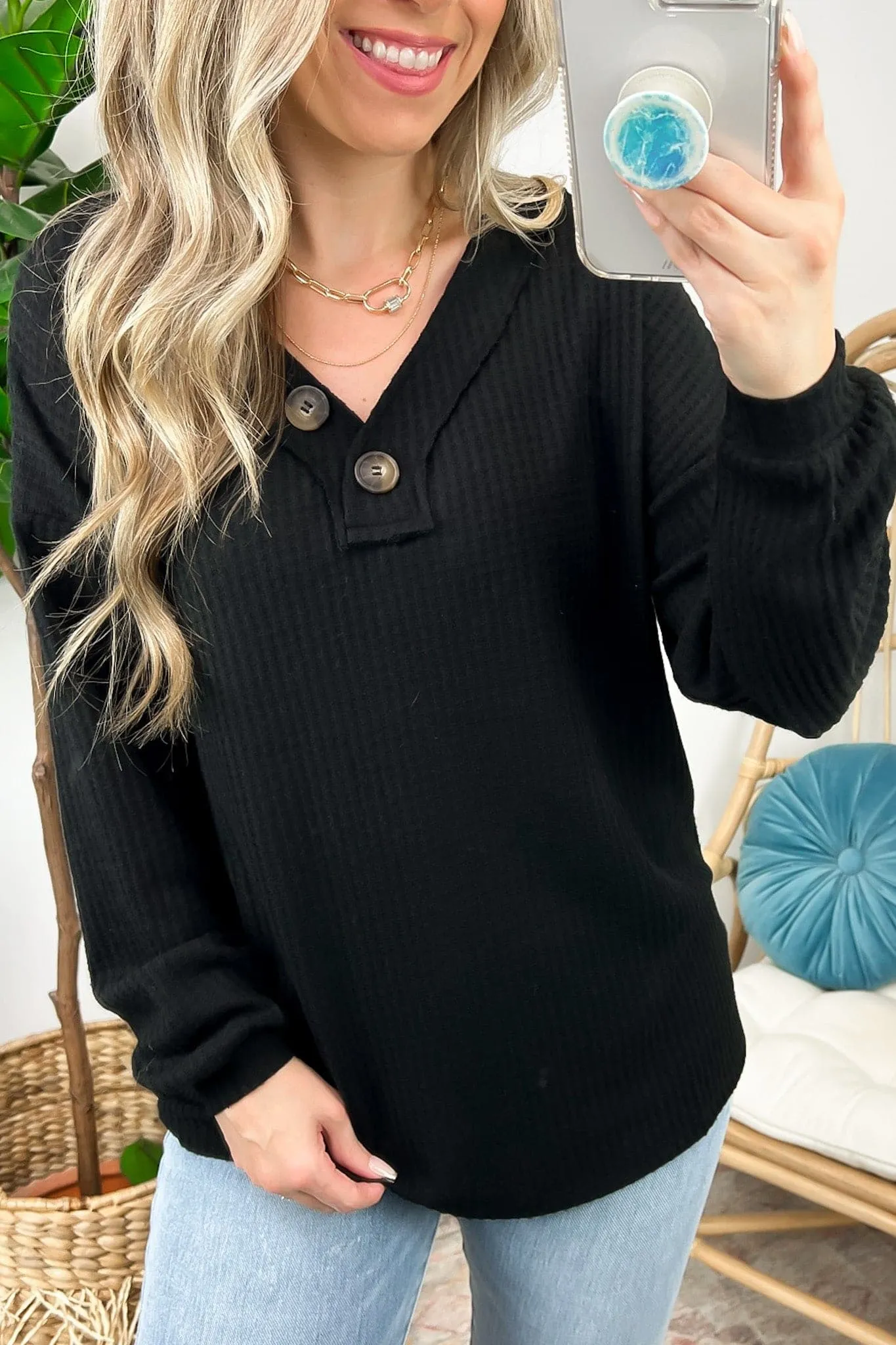 Derita Waffle Knit V-Neck Button Top - BACK IN STOCK