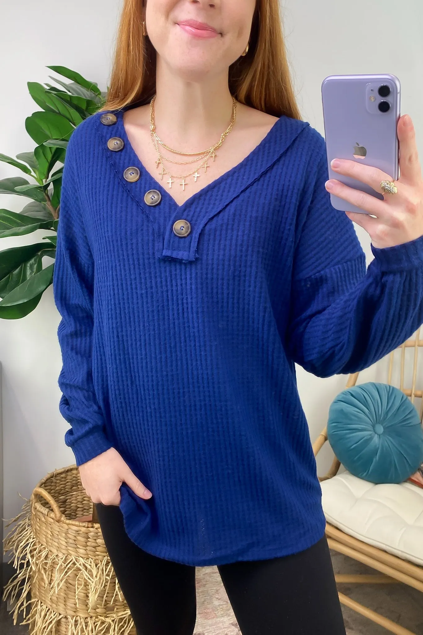 Derita Waffle Knit V-Neck Button Top - BACK IN STOCK