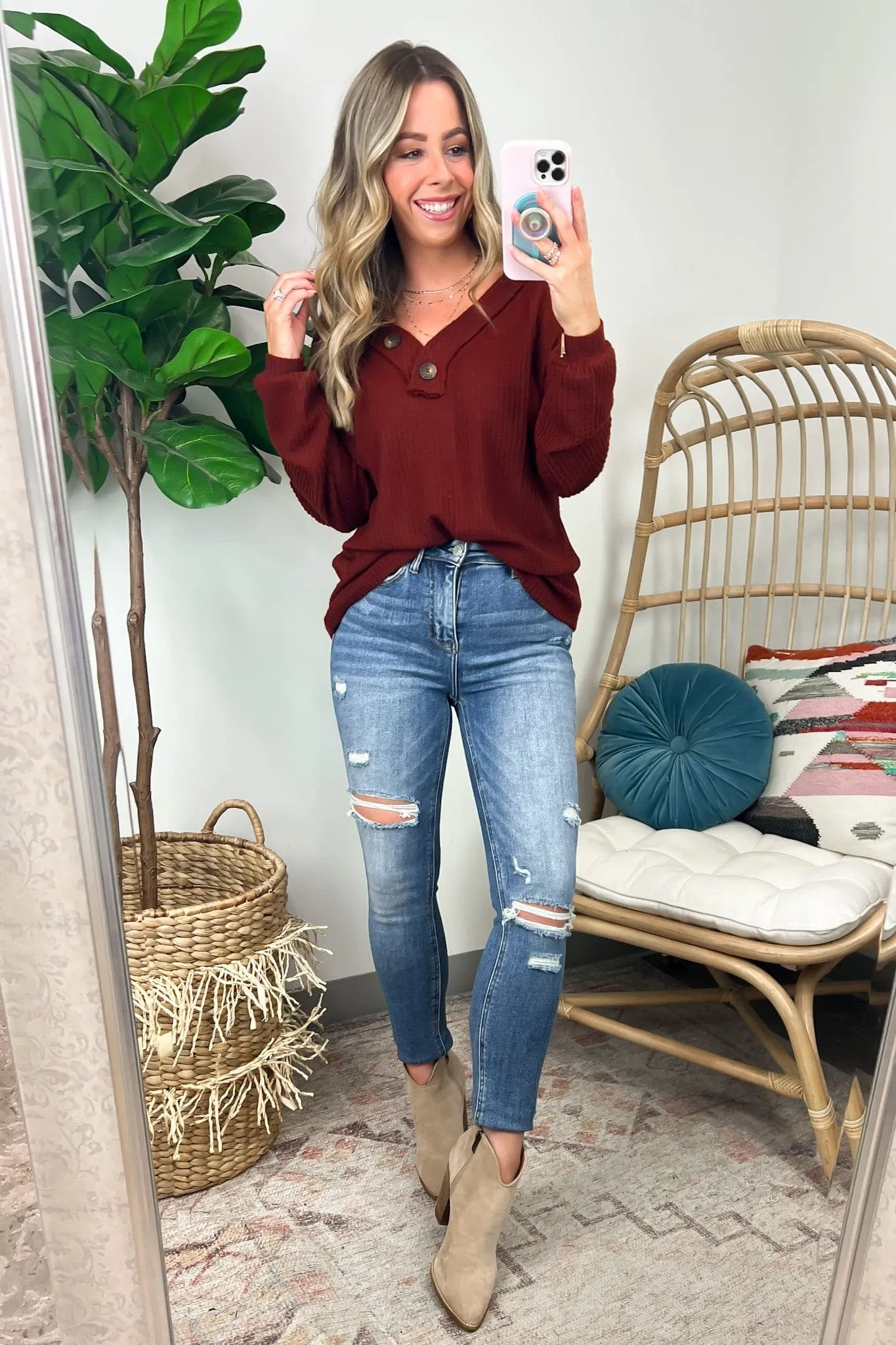 Derita Waffle Knit V-Neck Button Top - BACK IN STOCK