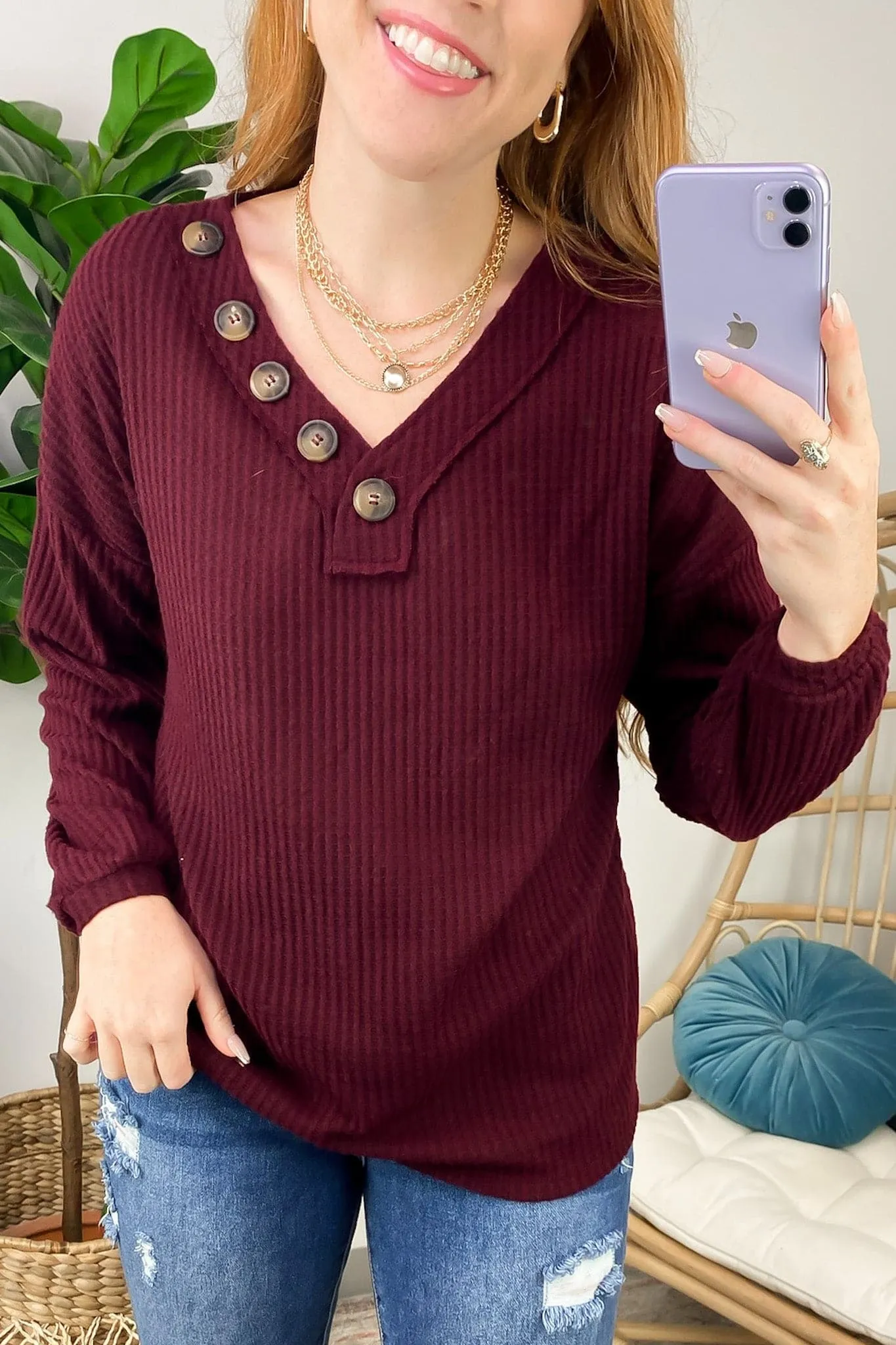 Derita Waffle Knit V-Neck Button Top - BACK IN STOCK
