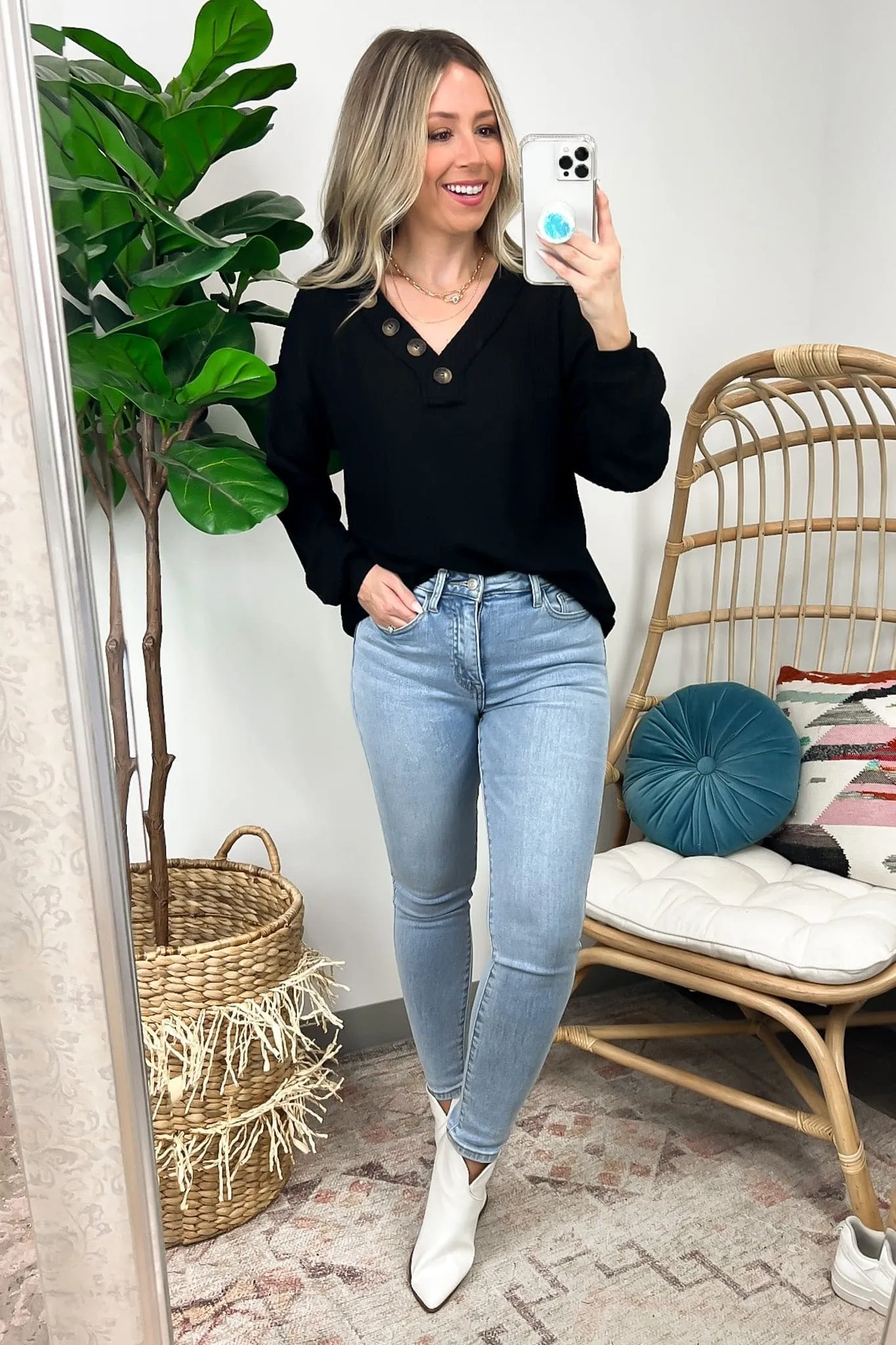 Derita Waffle Knit V-Neck Button Top - BACK IN STOCK