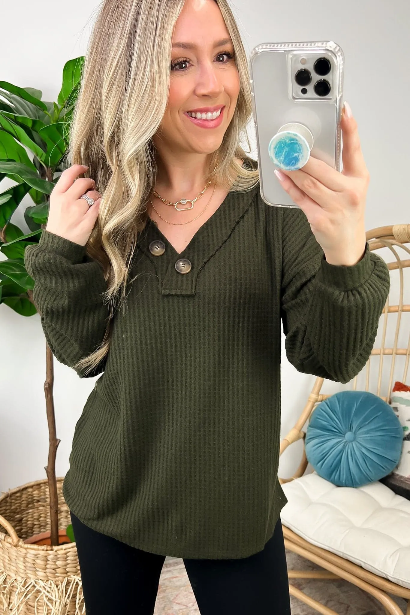 Derita Waffle Knit V-Neck Button Top - BACK IN STOCK