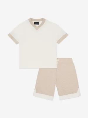 Emporio Armani Boys Logo Short Set in Beige