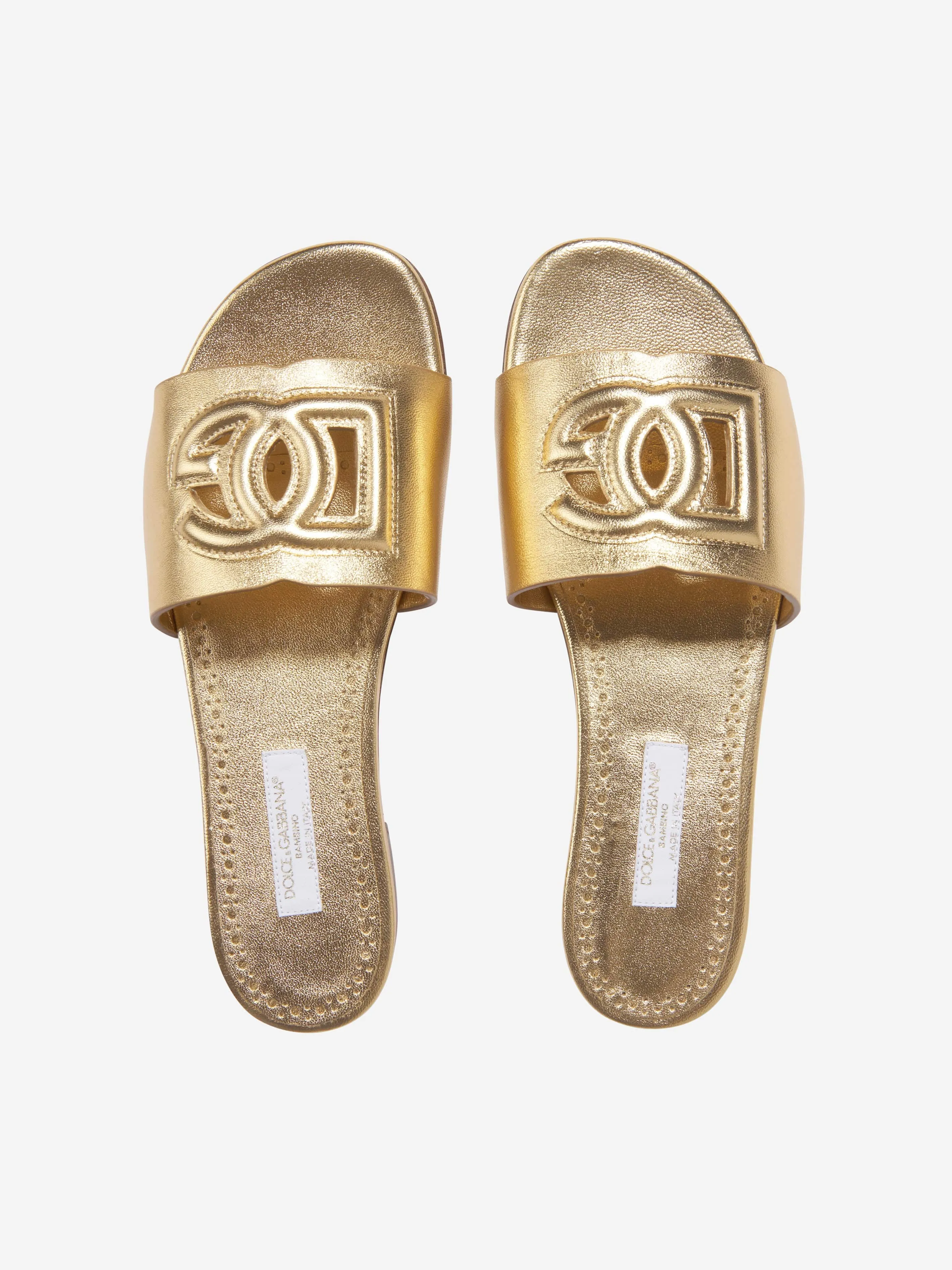 Girls Leather Logo Slider Sandals In Gold