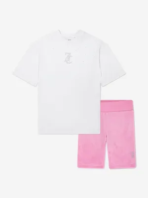 Girls T-Shirt and Velour Cycling Short Set in Pink