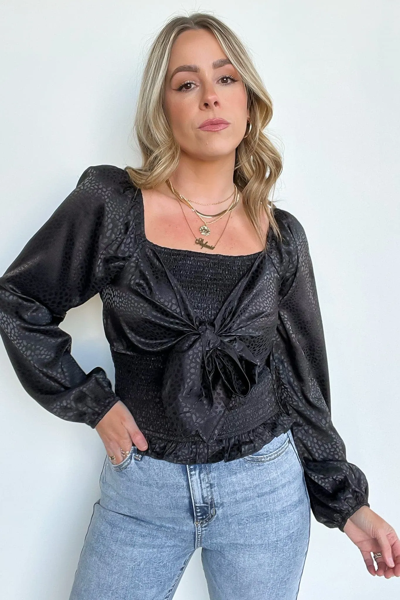 Kamali Smocked Satin Tie Front Top - FINAL SALE