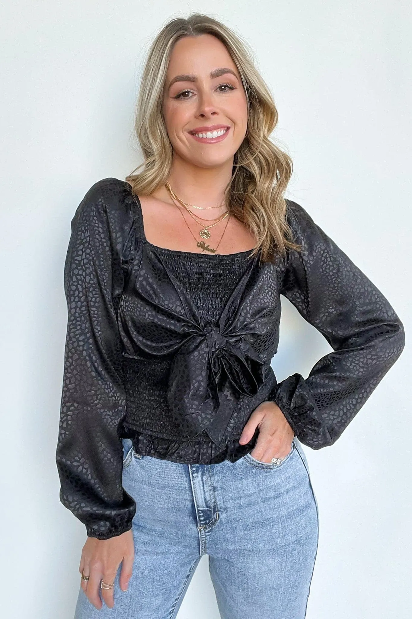 Kamali Smocked Satin Tie Front Top - FINAL SALE