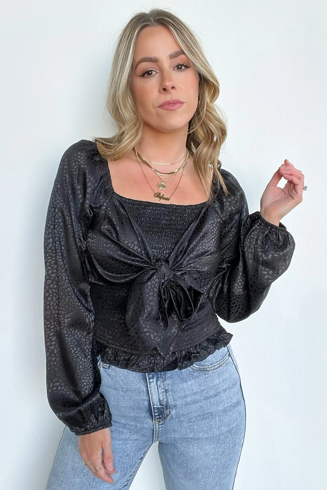 Kamali Smocked Satin Tie Front Top - FINAL SALE