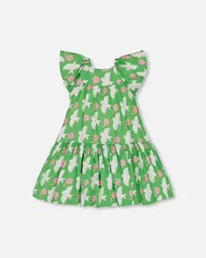Printed Dress With Flounce Sleeves Green With White And Pink Bird