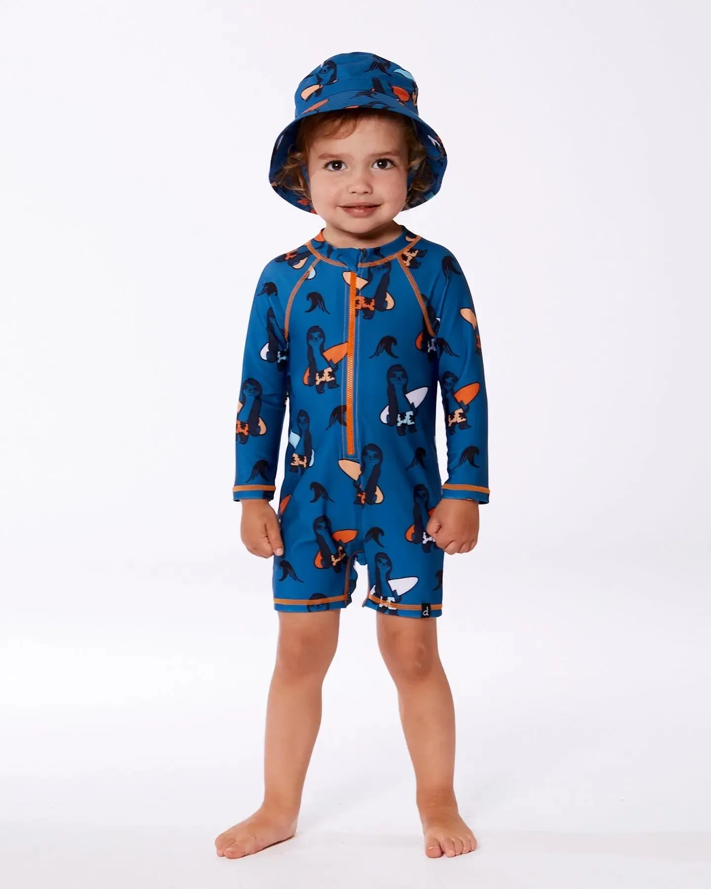 Printed Long Sleeve One-Piece Rashguard Orange Sloths On Navy Blue