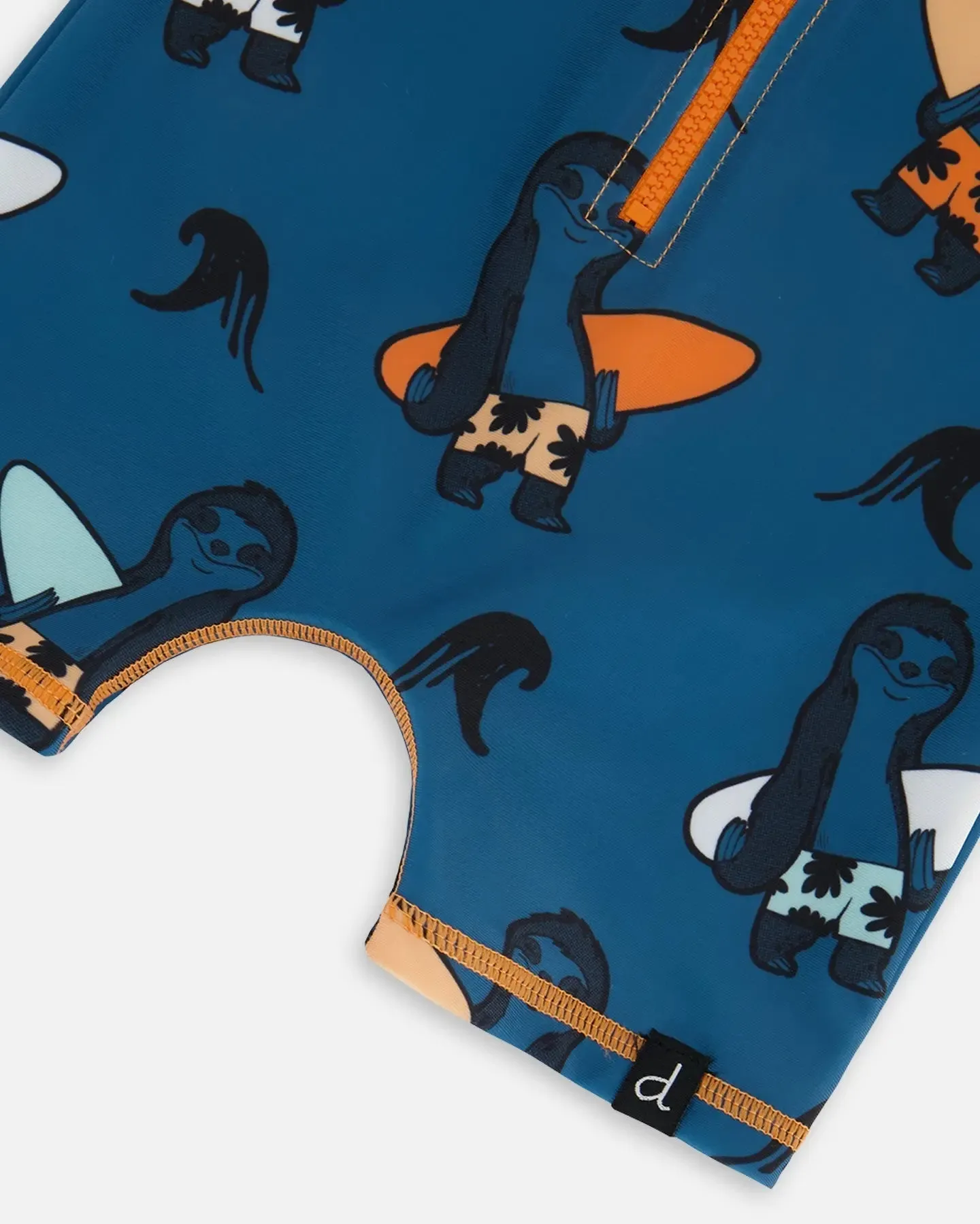 Printed Long Sleeve One-Piece Rashguard Orange Sloths On Navy Blue
