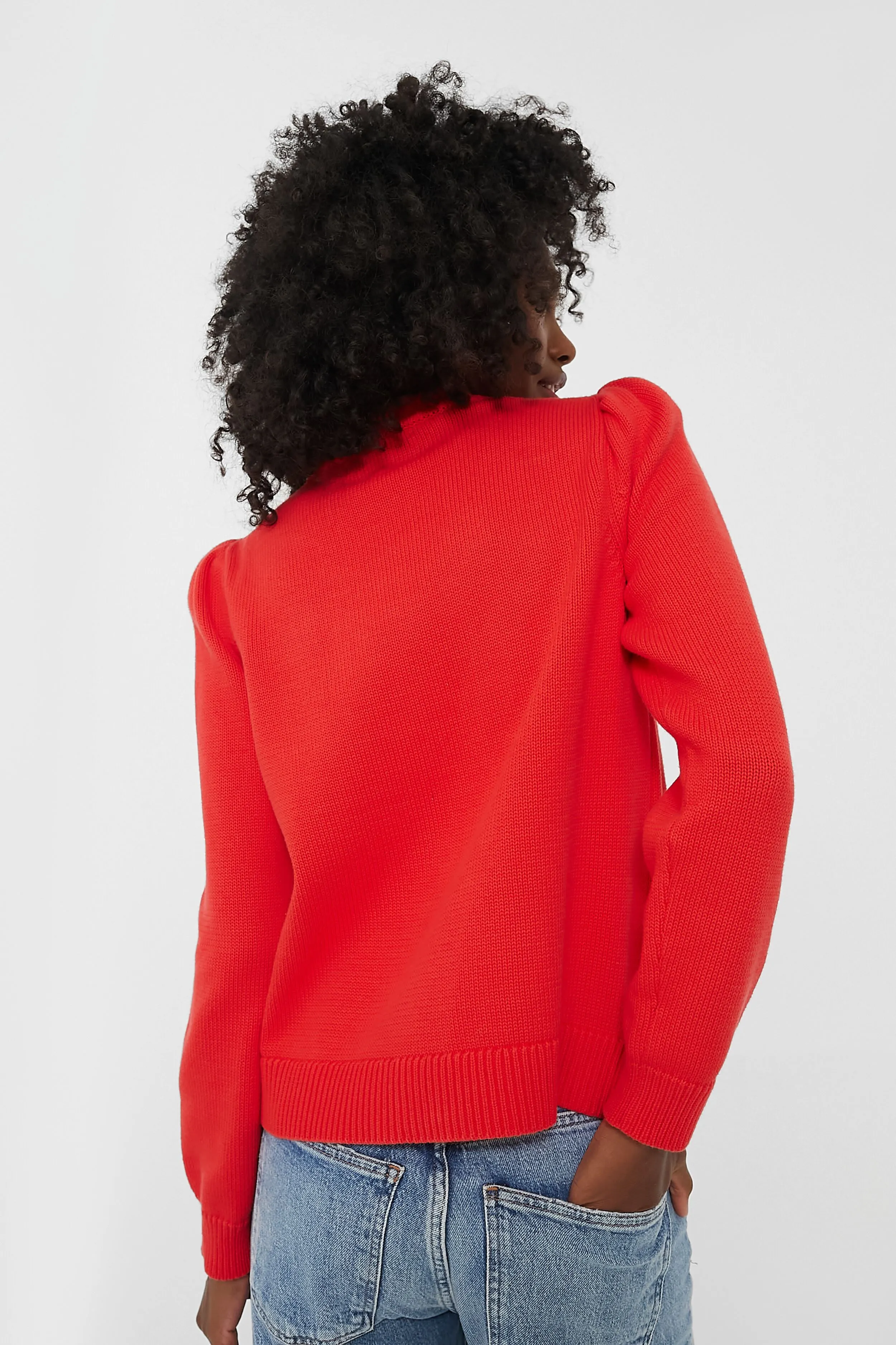 Red Cropped Puff Sleeve Americana Sweater