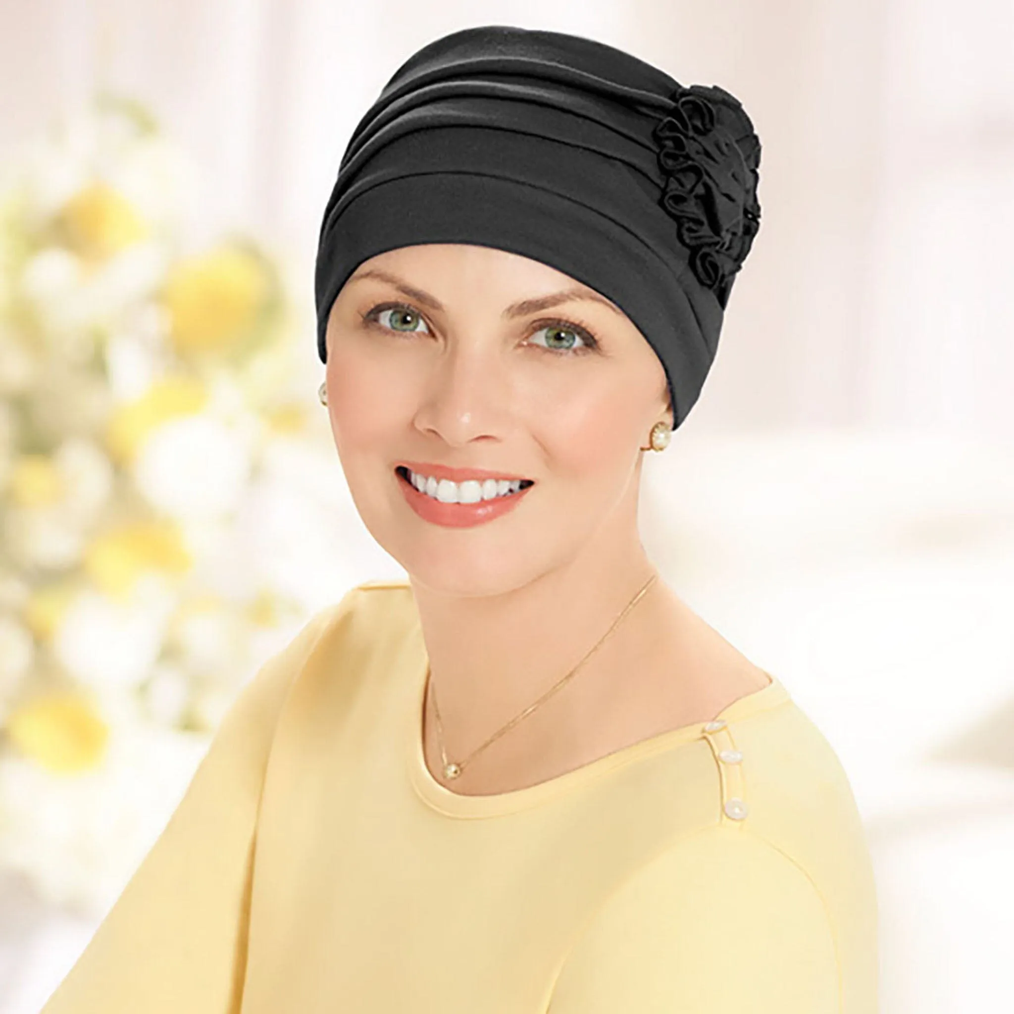 Shirred Seamless Turban with Flower