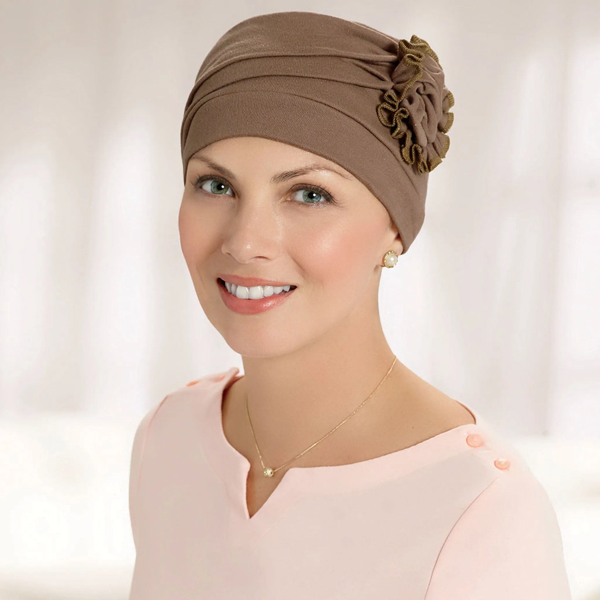 Shirred Seamless Turban with Flower