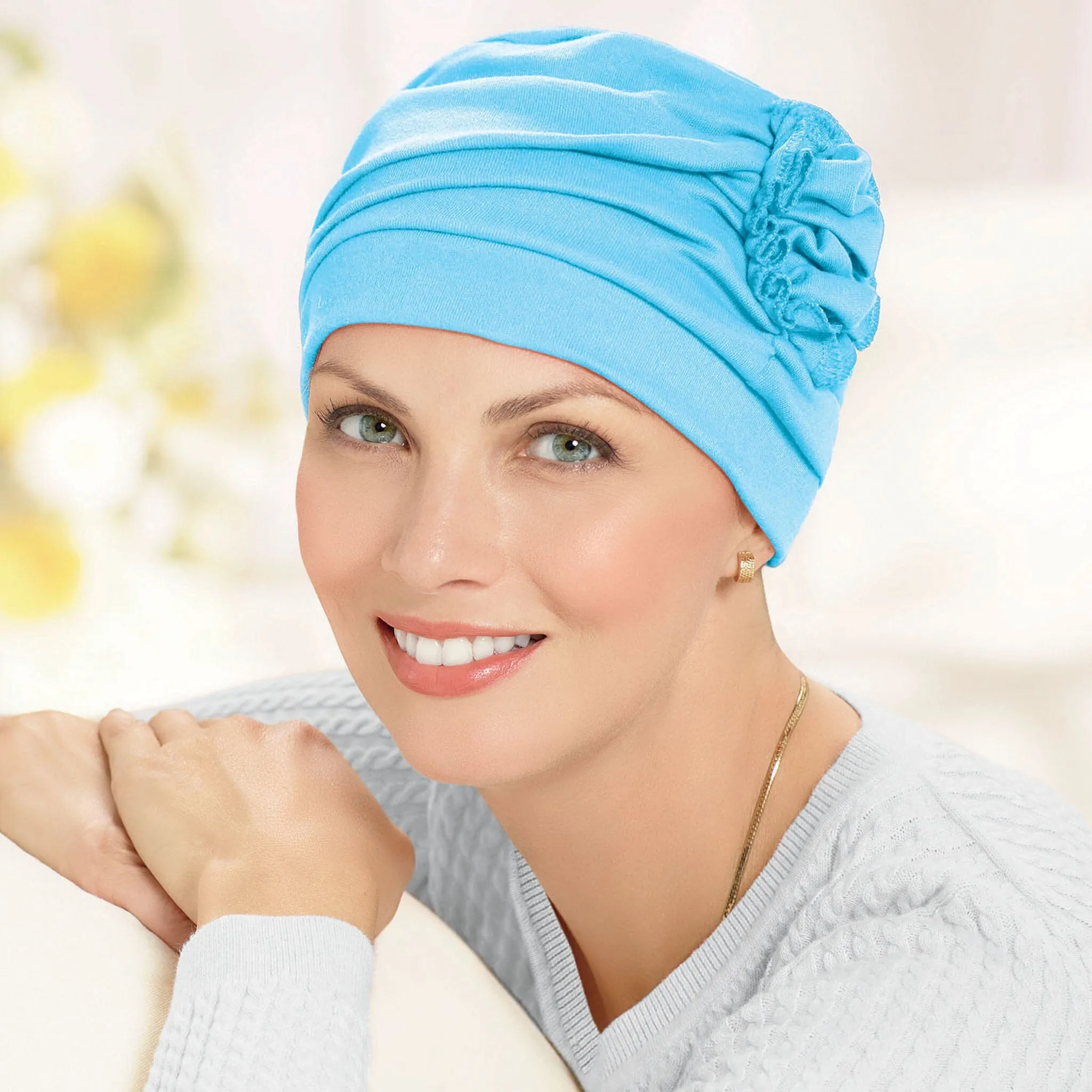 Shirred Seamless Turban with Flower