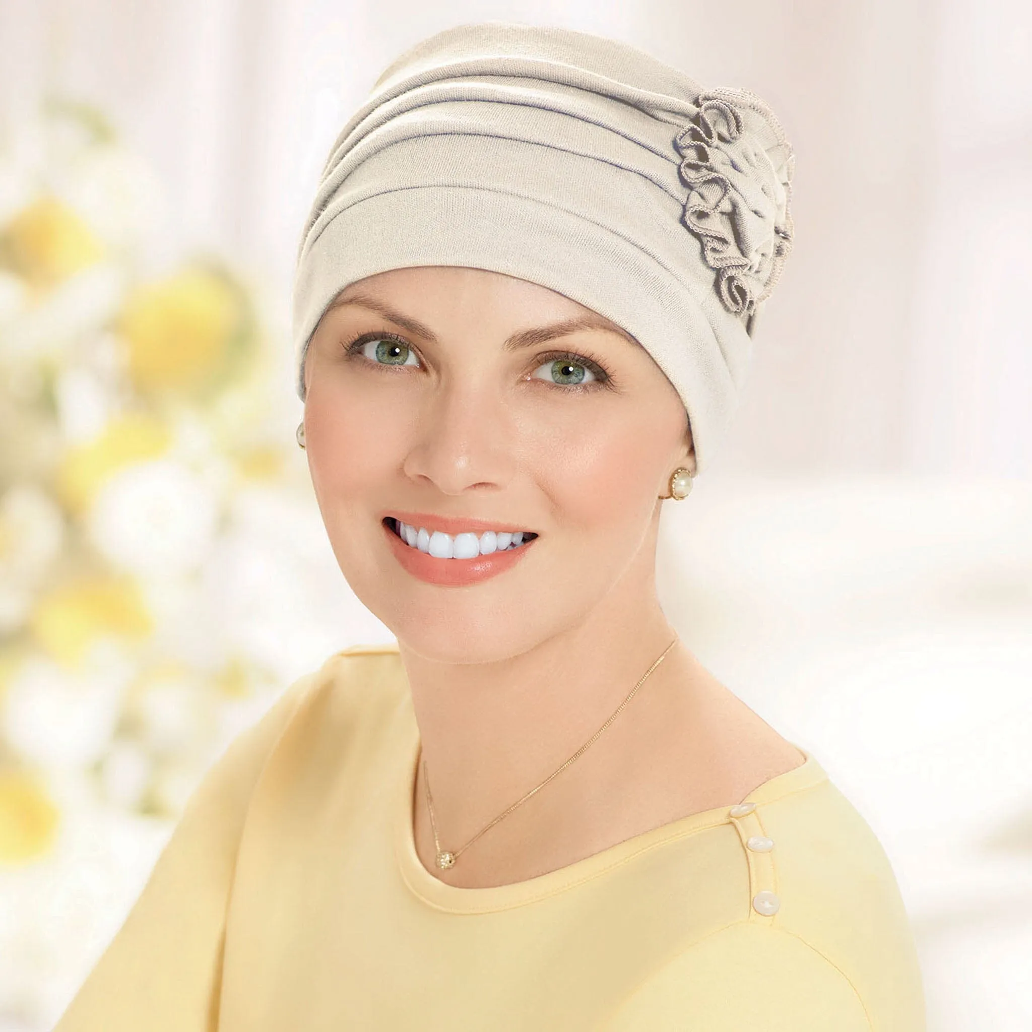 Shirred Seamless Turban with Flower