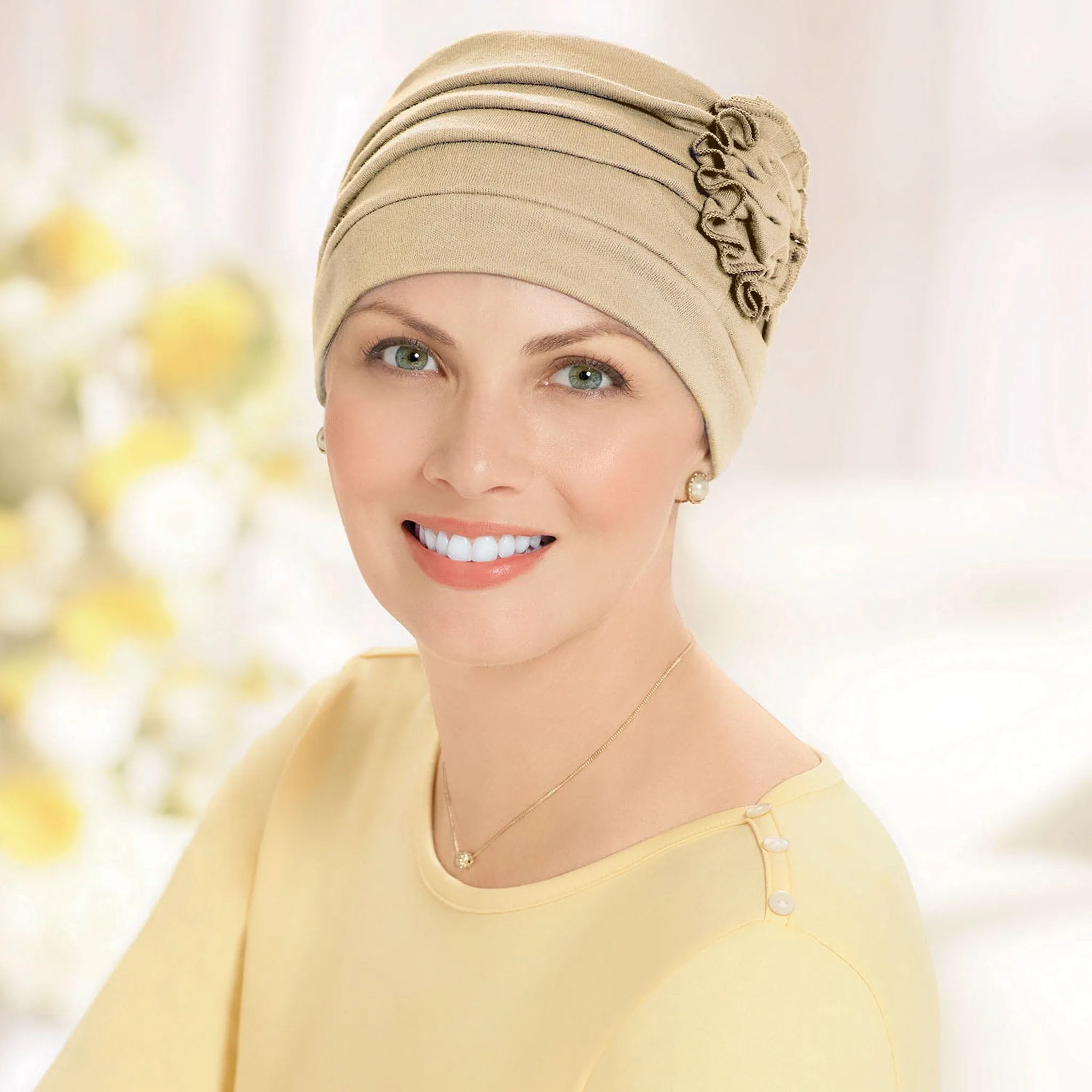 Shirred Seamless Turban with Flower